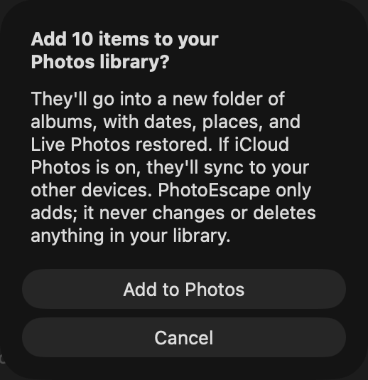 PhotoEscape after a repair, asking to add 10 items to the Photos library in a new folder of albums.