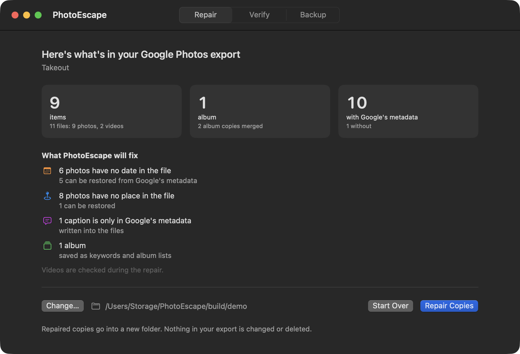 PhotoEscape after scanning a Google Takeout export: items found, photos missing dates and places, and what it will fix.